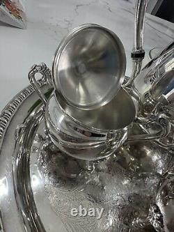 Vintage Leonard Silverplate Service Set Tea Pot, Creamer, Sugar With Tray