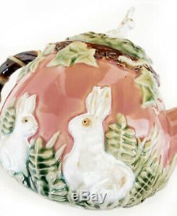 Vintage Majolica Rabbit Tea Set Teapot Sugar Creamer Rose Pink Bunny Easter