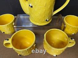Vintage Mary Kay Exclusive Yellow Ceramic Bumble Bee Teapot with Lid & (4) Mugs