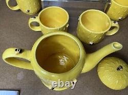 Vintage Mary Kay Exclusive Yellow Ceramic Bumble Bee Teapot with Lid & (4) Mugs