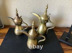 Vintage Matched Set (3) Solid Brass Dallahs 9, 10 & 12 Tea Pot with Handle