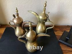Vintage Matched Set (3) Solid Brass Dallahs 9, 10 & 12 Tea Pot with Handle