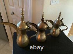 Vintage Matched Set (3) Solid Brass Dallahs 9, 10 & 12 Tea Pot with Handle