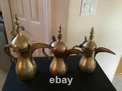 Vintage Matched Set (3) Solid Brass Dallahs 9, 10 & 12 Tea Pot with Handle