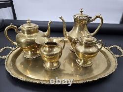 Vintage Mexican Brass 5pc Coffee Tea Kettle Cream & Sugar Tray Hecho En Mexico