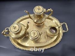 Vintage Mexican Brass 5pc Coffee Tea Kettle Cream & Sugar Tray Hecho En Mexico