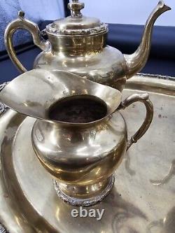 Vintage Mexican Brass 5pc Coffee Tea Kettle Cream & Sugar Tray Hecho En Mexico