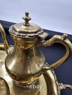 Vintage Mexican Brass 5pc Coffee Tea Kettle Cream & Sugar Tray Hecho En Mexico