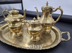 Vintage Mexican Brass 5pc Coffee Tea Kettle Cream & Sugar Tray Hecho En Mexico