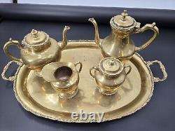 Vintage Mexican Brass 5pc Coffee Tea Kettle Cream & Sugar Tray Hecho En Mexico