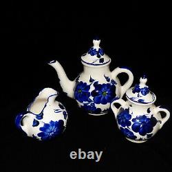 Vintage Mexican Talavera Coffee Tea Set Blue & White Floral Set Of 6 Pot, Sugar