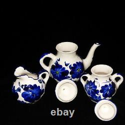 Vintage Mexican Talavera Coffee Tea Set Blue & White Floral Set Of 6 Pot, Sugar