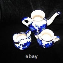Vintage Mexican Talavera Coffee Tea Set Blue & White Floral Set Of 6 Pot, Sugar