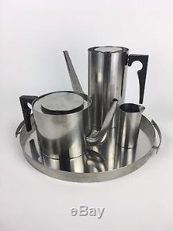 Vintage Mid Century Arne Jacobsen for Stelton Stainless Teapot Kettle Tray Set
