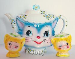 Vintage Miss Priss Lefton RARE Blue Kitty Teapot and Shaker Set Label In Tact