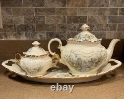 Vintage Mountainside Pottery Tea Pot Serving Set And Tray 24K Gold Trim