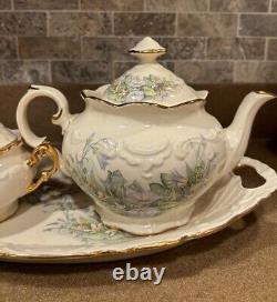 Vintage Mountainside Pottery Tea Pot Serving Set And Tray 24K Gold Trim
