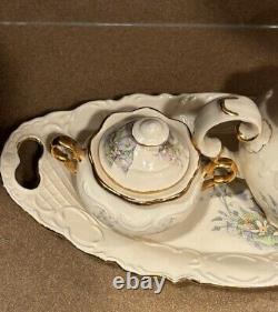 Vintage Mountainside Pottery Tea Pot Serving Set And Tray 24K Gold Trim