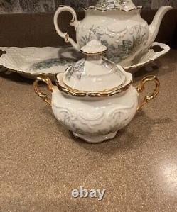 Vintage Mountainside Pottery Tea Pot Serving Set And Tray 24K Gold Trim