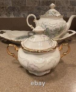 Vintage Mountainside Pottery Tea Pot Serving Set And Tray 24K Gold Trim