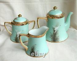 Vintage Nippon Moriage Jeweled Flying Snow Geese Teapot, Cream & Sugar Set