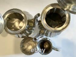 Vintage Old Newbury Crafters Pewter Tea Set Coffee Teapot Sugar Creamer NOS