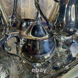 Vintage Oneida Silver Plate Coffee and Tea Pot Teapot Set with Serving Tray Set