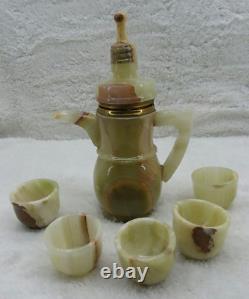 Vintage Onyx Marble Carved Stone Teapot & 5 Cups Set Tea Sake Wine Espresso