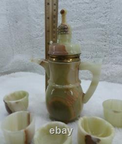 Vintage Onyx Marble Carved Stone Teapot & 5 Cups Set Tea Sake Wine Espresso