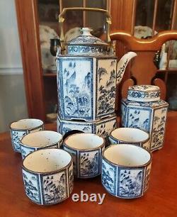 Vintage Oriental Tea Set with Tea Caddy and Warmer Blue and White Hexagon