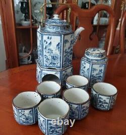 Vintage Oriental Tea Set with Tea Caddy and Warmer Blue and White Hexagon