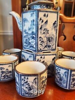 Vintage Oriental Tea Set with Tea Caddy and Warmer Blue and White Hexagon