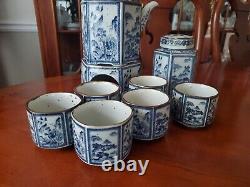 Vintage Oriental Tea Set with Tea Caddy and Warmer Blue and White Hexagon