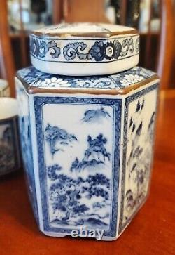 Vintage Oriental Tea Set with Tea Caddy and Warmer Blue and White Hexagon