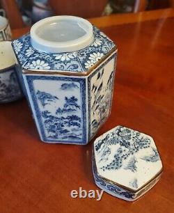 Vintage Oriental Tea Set with Tea Caddy and Warmer Blue and White Hexagon