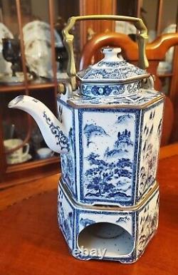 Vintage Oriental Tea Set with Tea Caddy and Warmer Blue and White Hexagon
