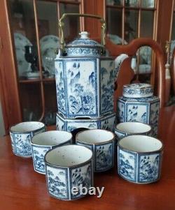 Vintage Oriental Tea Set with Tea Caddy and Warmer Blue and White Hexagon