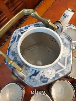 Vintage Oriental Tea Set with Tea Caddy and Warmer Blue and White Hexagon