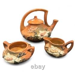 Vintage Original Roseville Pottery Magnolia Teapot Tea Pot/Sugar/Creamer Set