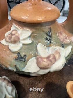 Vintage Original Roseville Pottery Magnolia Teapot Tea Pot/Sugar/Creamer Set