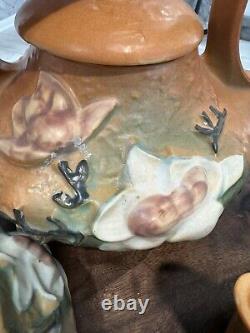 Vintage Original Roseville Pottery Magnolia Teapot Tea Pot/Sugar/Creamer Set