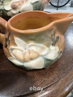 Vintage Original Roseville Pottery Magnolia Teapot Tea Pot/Sugar/Creamer Set