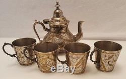 Vintage Ornate punched Silver Tea Kettle Pot 4 cups Gold accents