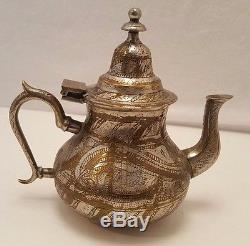 Vintage Ornate punched Silver Tea Kettle Pot 4 cups Gold accents