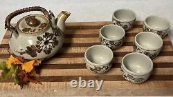 Vintage Otagiri Japan Handcrafted Gray Stoneware Teapot With Rattan Handle Set