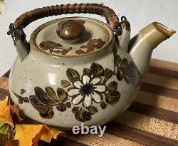 Vintage Otagiri Japan Handcrafted Gray Stoneware Teapot With Rattan Handle Set