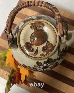 Vintage Otagiri Japan Handcrafted Gray Stoneware Teapot With Rattan Handle Set