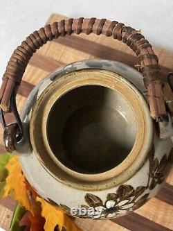 Vintage Otagiri Japan Handcrafted Gray Stoneware Teapot With Rattan Handle Set