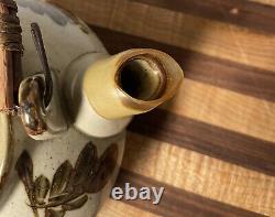 Vintage Otagiri Japan Handcrafted Gray Stoneware Teapot With Rattan Handle Set