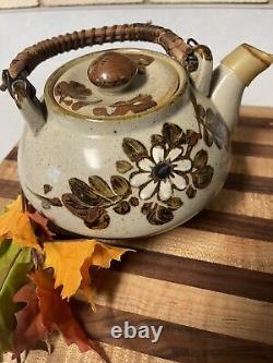 Vintage Otagiri Japan Handcrafted Gray Stoneware Teapot With Rattan Handle Set
